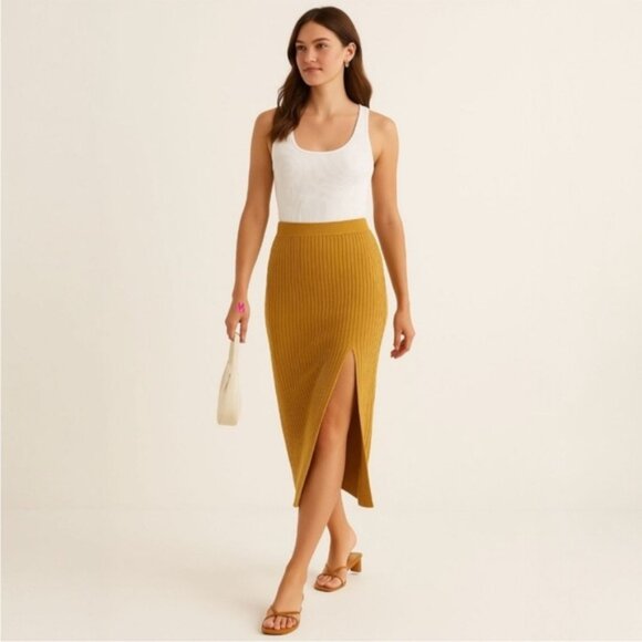 Aritzia Wilfred Zeta Midi Skirt Pleated High rise Ribbed Knit Side Slit Golden - Picture 4 of 14